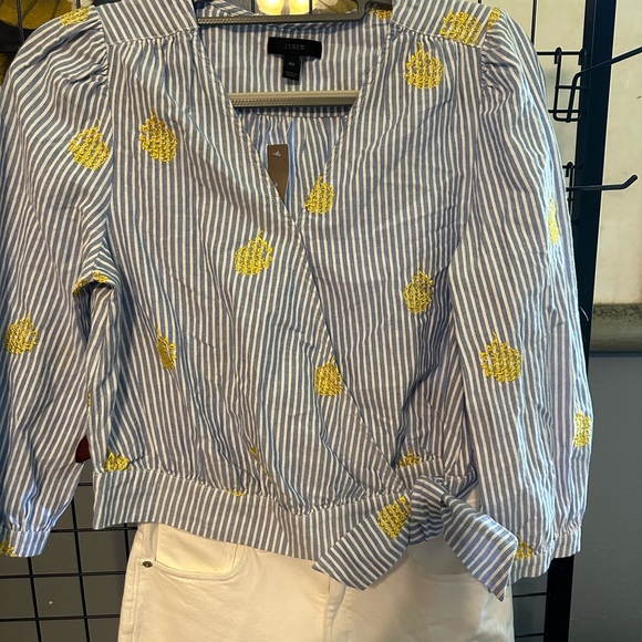 J. Crew Tops - J. Crew Blue and White 3/4 Sleeve Wrap Blouse